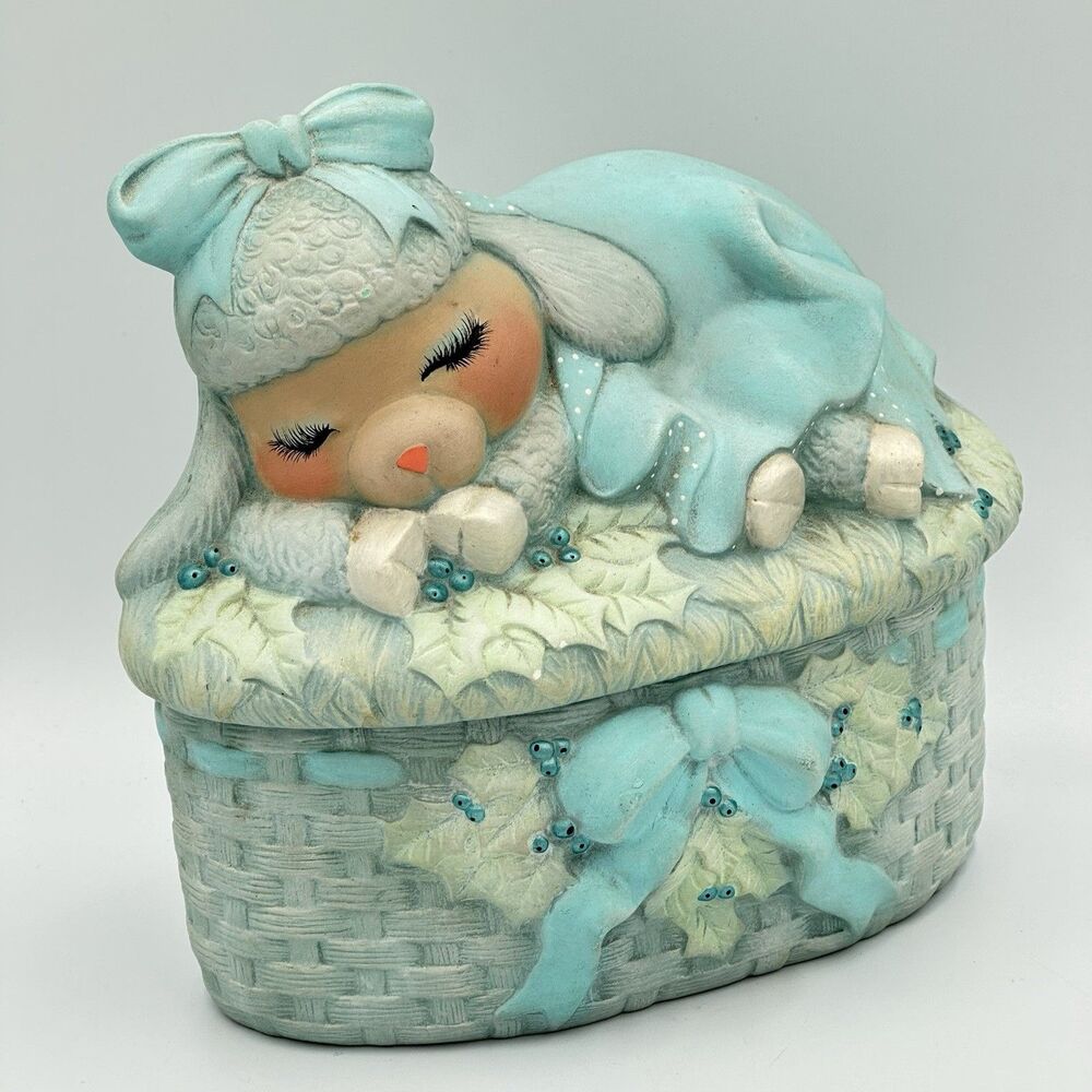 Vintage Handpainted  Lamb On Basket Lidded Decor Nursery Storage Holland Mold